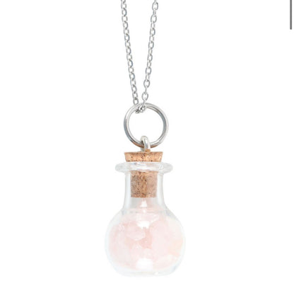 LOVE ROSE QUARTZ CRYSTAL CHIP POTION BOTTLE NECKLACE