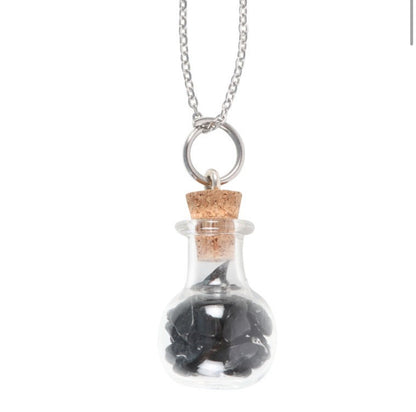 PROTECTION BLACK OBSIDIAN CRYSTAL CHIP POTION BOTTLE NECKLACE