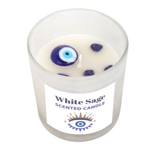 ALL SEEING EYE WHITE SAGE CRYSTAL CHIP PROTECTION CANDLE