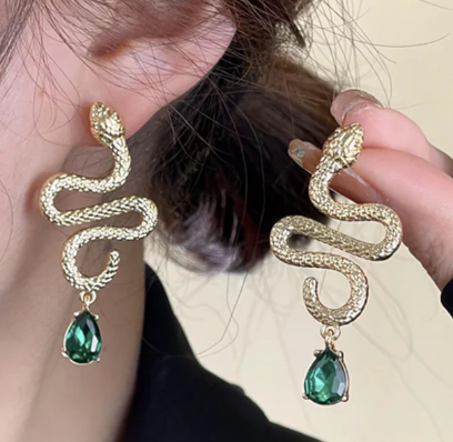 Vintage Gold Snake Emerald Earrings