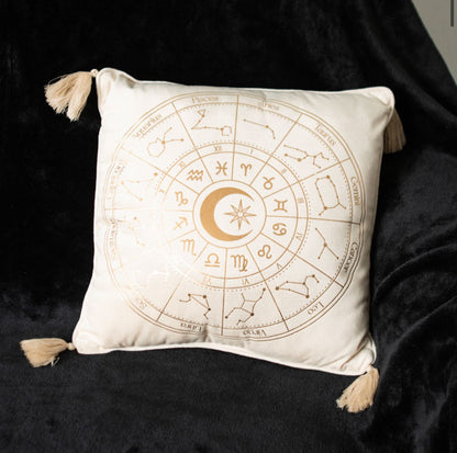 SQUARE OFF WHITE ASTROLOGY WHEEL CUSHION