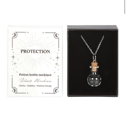 PROTECTION BLACK OBSIDIAN CRYSTAL CHIP POTION BOTTLE NECKLACE