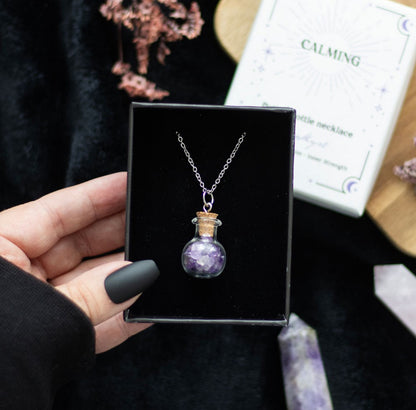 CALMING AMETHYST CRYSTAL CHIP POTION BOTTLE NECKLACE