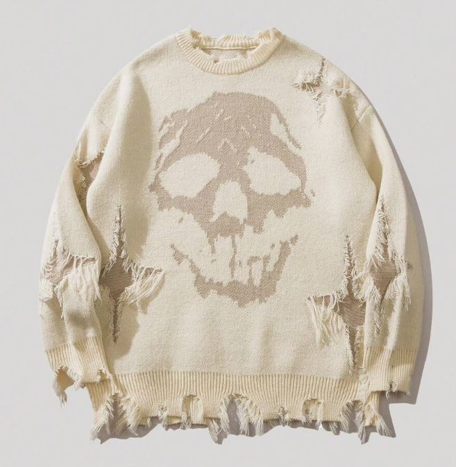 Knitted Frayed Skull Jumper